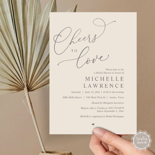 Convites Anima-te a amar, Partido Romântico do Chá de panel (Cheers to love, Romantic Bridal Shower Party Invitation Card, PDF, in Dark Grey Cream)