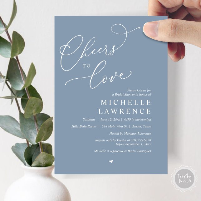 Convites Anima-te a amar, Partido Romântico do Chá de panel (Cheers to love, Romantic Bridal Shower Party Invitation Card, PDF, in Dusty Blue)
