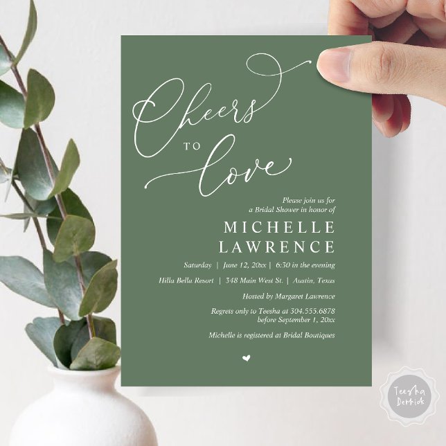 Convites Anima-te a amar, Partido Romântico do Chá de panel (Cheers to love, Romantic Bridal Shower Party Invitation Card, PDF, in Forest Sage Green)
