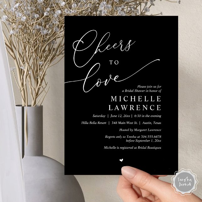 Convites Anima-te a amar, Partido Romântico do Chá de panel (Cheers to love, Romantic Bridal Shower Party Invitation Card, PDF, in Classy Black)