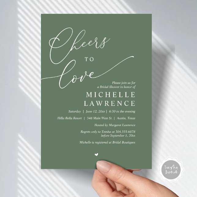 Convites Anima-te a amar, Partido Romântico do Chá de panel (Cheers to love, Romantic Bridal Shower Party Invitation Card, PDF, in Forest Sage Green)