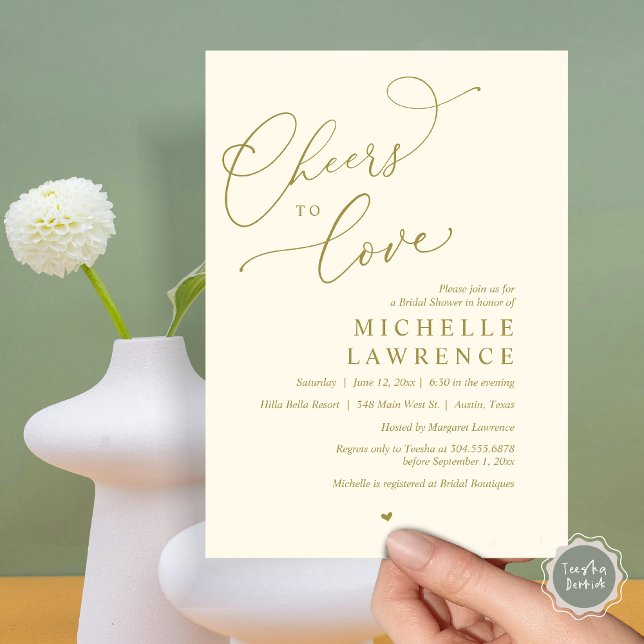 Convites Anima-te a amar, Partido Romântico do Chá de panel (Cheers to love, Romantic Bridal Shower Party Invitation Card, PDF, in Retro Yellow Gold)