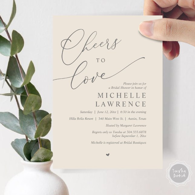 Convites Anima-te a amar, Partido Romântico do Chá de panel (Cheers to love, Romantic Bridal Shower Party Invitation Card, PDF, in Dark Grey Cream)