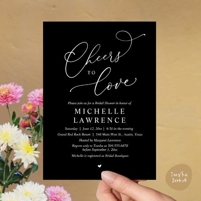 Convites Anima-te a amar, Partido Romântico do Chá de panel (Cheers to love, Romantic Bridal Shower Party Dinner Wine Cocktail Invitation Card, PDF, Black White)