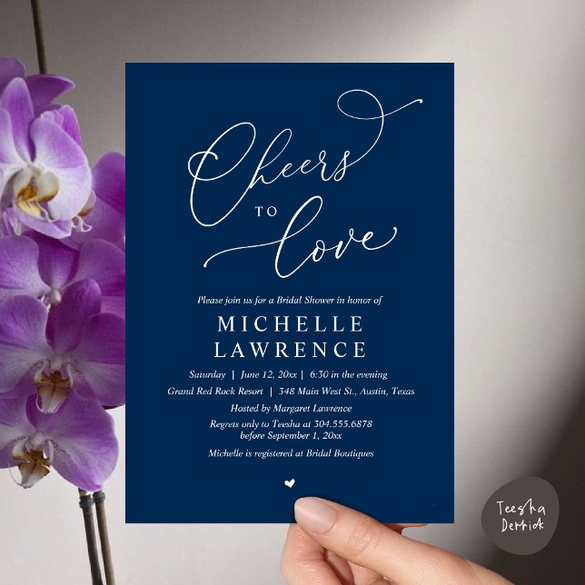 Convites Anima-te a amar, Partido Romântico do Chá de panel (Cheers to love, Romantic Bridal Shower Party Dinner Wine Cocktail Invitation Card, PDF, Navy Blue)