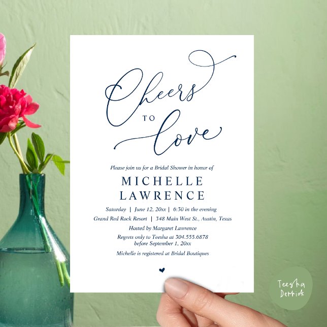 Convites Anima-te a amar, Partido Romântico do Chá de panel (Cheers to love, Romantic Bridal Shower Party Dinner Wine Cocktail Invitation Card, PDF, Navy Blue)