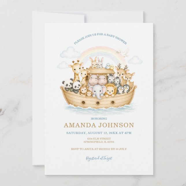 Convites Animais Arco-íris Aquarela Arca de Noé (Frente)