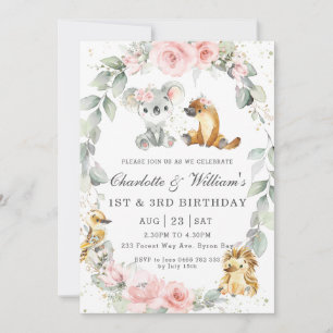 Convites Animais Australianos Floral Rosa Sage Aniversário 