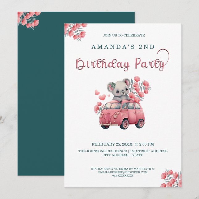 Convites Animais Australianos Koala Blue BIRTHDAY (Frente/Verso)