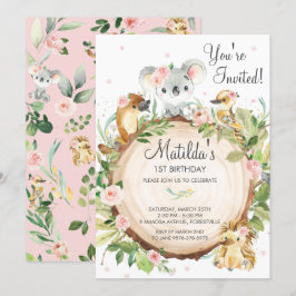 Convites Animais Australianos Koala Pink Floral Girl Birday
