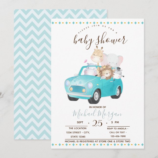 Convites Animais Bebês Fofos de Carro,Festa de Bebê em Zigz (Frente/Verso)