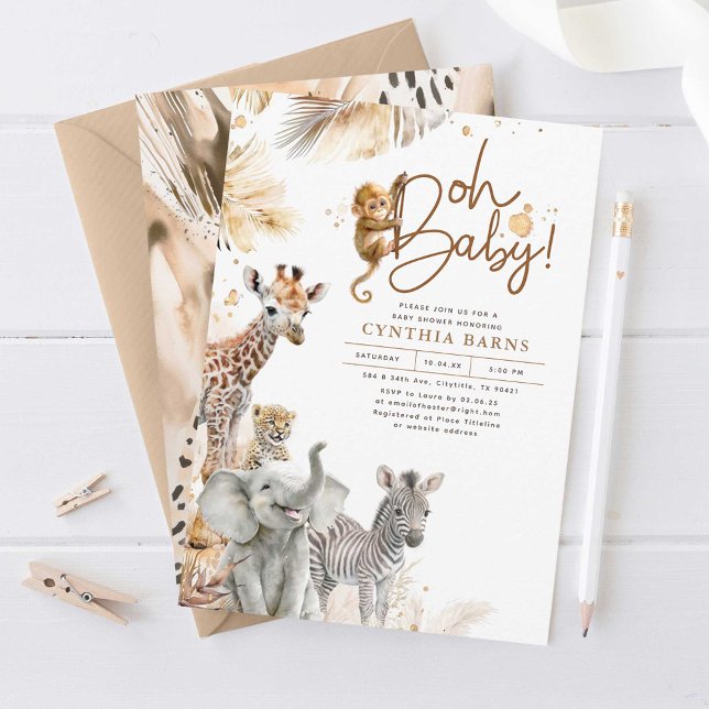 Convites Animais Bebês Selva Safari Chá de fraldas selvagem (Safari Animals Light Brown Baby Shower Invitations)