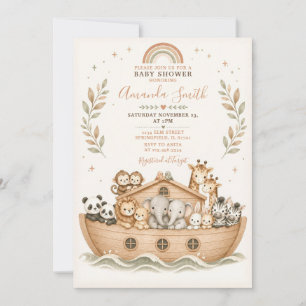 Convites Animais Beige em Aquarela Chuvada de Bebê Arca de