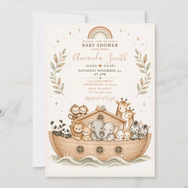 Convites Animais Beige em Aquarela Chuvada de Bebê Arca de  (Frente)
