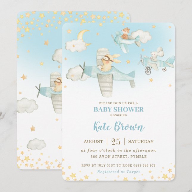 Convites Animais Cachorros Aviões Estrelas Chá de fraldas (Frente/Verso)