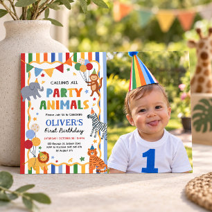 Convites Animais Coloridos da Festa do Menino de 1º Anivers