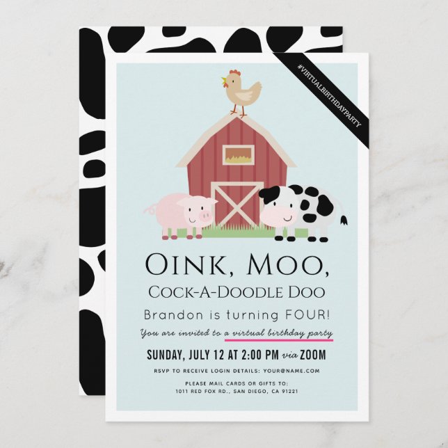 Convites Animais da Fazenda Barnyard Blue Boy Aniversário V (Frente/Verso)