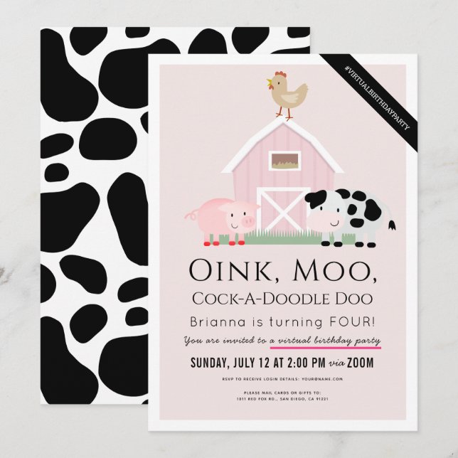 Convites Animais da Fazenda Barnyard Pink Girl Virtual Bird (Frente/Verso)