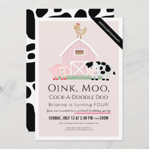 Convites Animais da Fazenda Barnyard Pink Girl Virtual Bird
