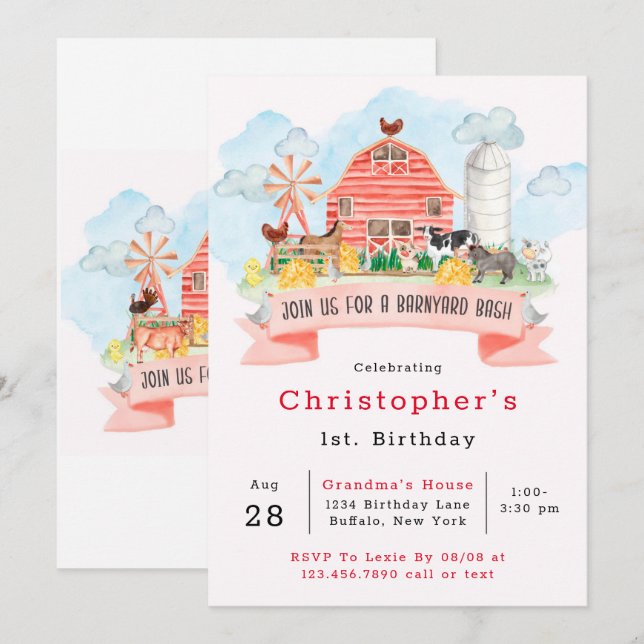 Convites Animais da Fazenda Bash de Barnyard 1rua. Festa de (Frente/Verso)