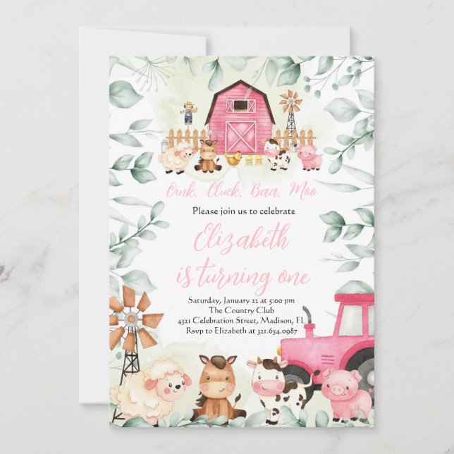 Convites Animais da Fazenda Greenerescente Garota Rosa do B (Frente)