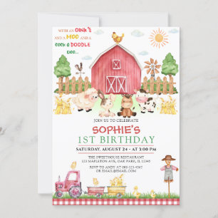 Convites Animais da Fazenda Red Gingham Barnyard Birthday