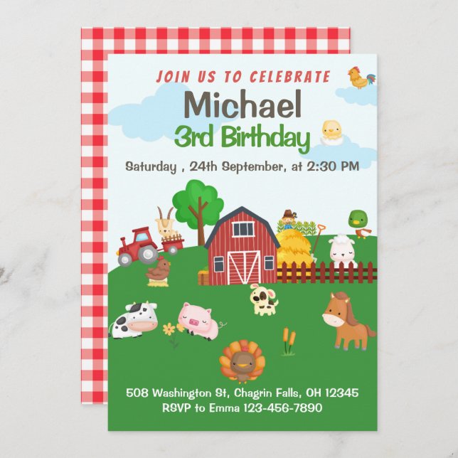Convites Animais da Fazenda Red Gingham Barnyard Birthday (Frente/Verso)