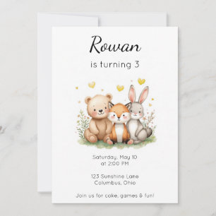 Convites Animais da Floresta Aniversário Urso Raposa Coelho