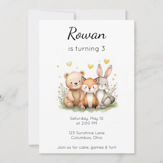 Convites Animais da Floresta Aniversário Urso Raposa Coelho (Frente)