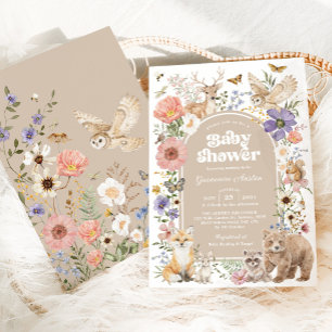 Convites Animais da Floresta Boho Festa de Bebê com Flores 
