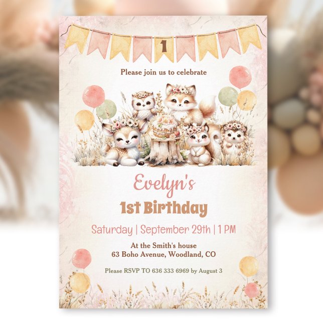 Convites Animais da Floresta Boho Pastel primeiro aniversar (Woodland Animals Boho Pastel Girl 1st Birthday Invitation)