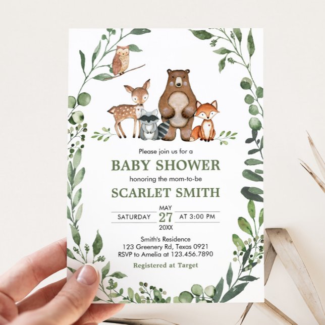 Convites Animais da Floresta Chá de Bebê Vegetação (Woodland Animals Baby Shower Invitation)