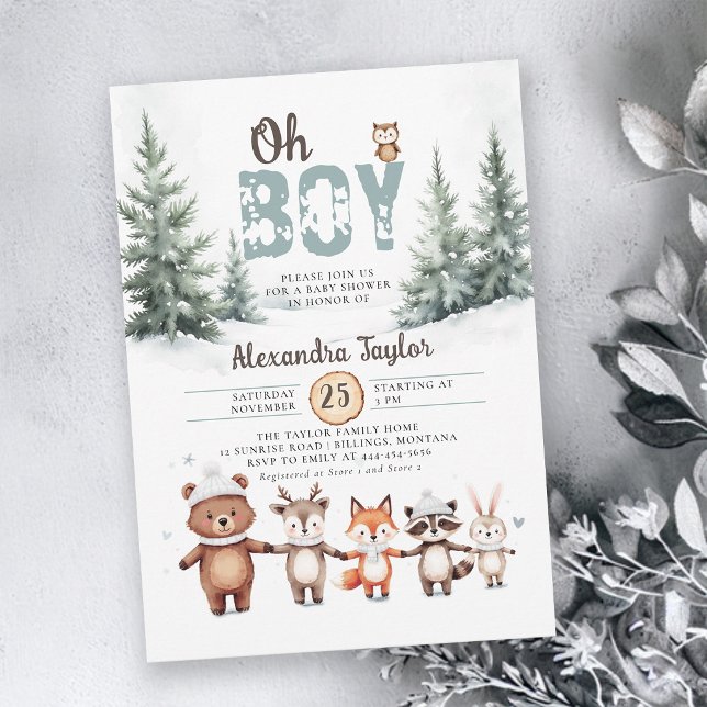 Convites Animais da Floresta Chuvada de Inverno Menino Bebê (oh boy winter baby shower invitations woodland animals cute characters bear fox raccoon deer)