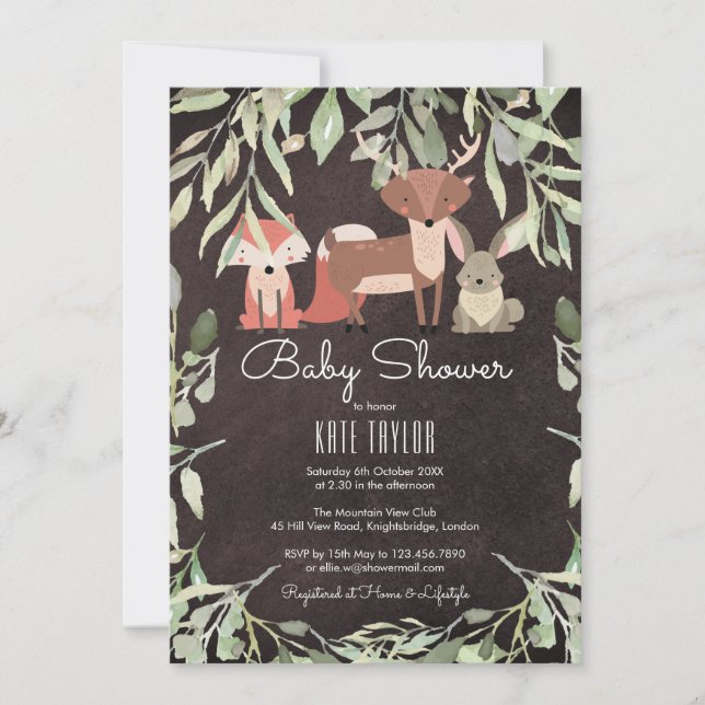 Convites Animais da Floresta Chuveiro de Bebê Quadro Negro (Frente)