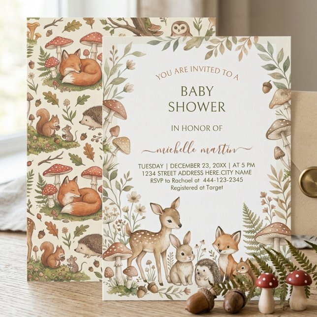 Convites Animais da Floresta & Cogumelos Chuvada de Bebê Fl (Criador carregado)