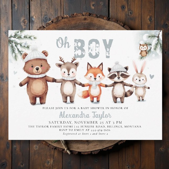 Convites Animais da Floresta Cólvora Chá de fraldas de inve (winter baby shower invitation oh boy cute woodland animals watercolor snow cold pine watercolor)