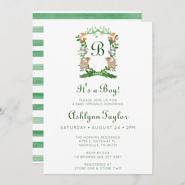 Convites Animais da Floresta Crest É Um Garoto Bebê Sprinkl (Frente/Verso)