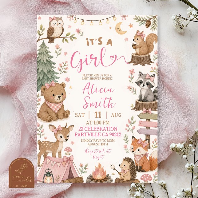 Convites Animais da Floresta É uma festa de bebê girl (Criador carregado)