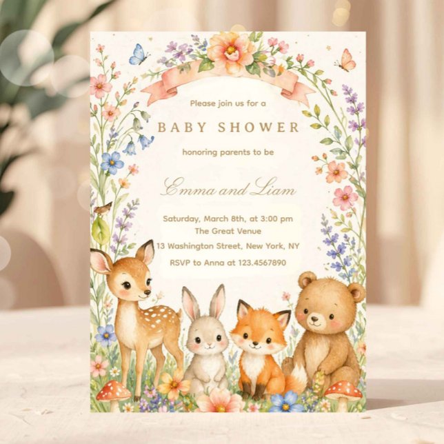 Convites Animais da Floresta em Aquarela Chá de Bebê Flores (woodland baby shower, forest baby shower, baby shower invitation, woodland animals invite, deer baby)