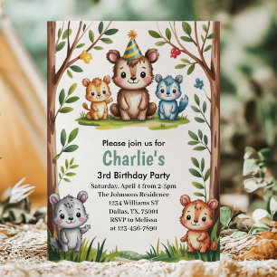 Convites Animais da Floresta em Aquarela Fofa Aniversário