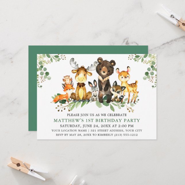Convites Animais da Floresta em Aquarela para Primeiro Aniv (Frente/Verso In Situ)