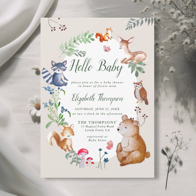 Convites Animais da Floresta Encantados Chá de fraldas de F (woodland baby shower invitation enchanted woods forest bear fox deer wildflowers magic blue green)
