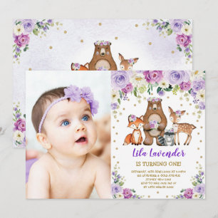 Convites Animais da Floresta Lavanda de Aniversário