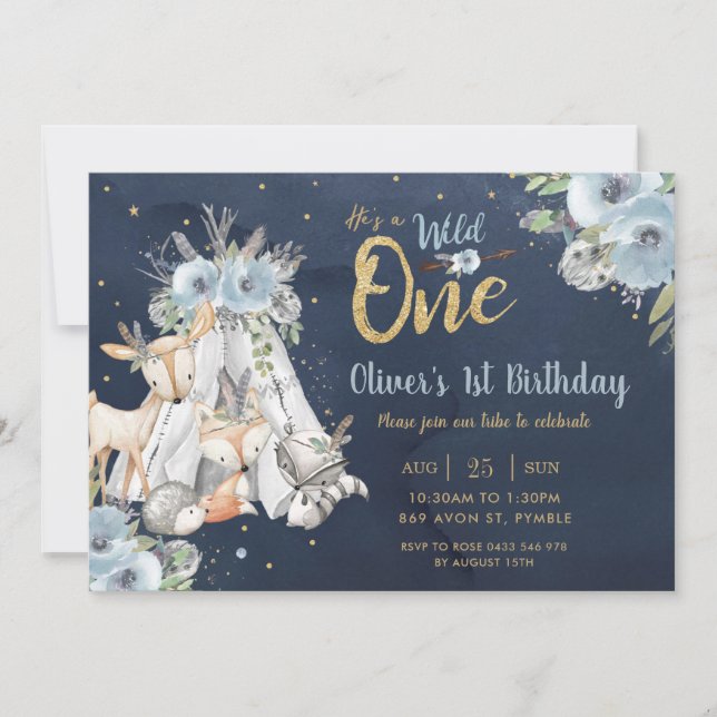 Convites Animais da Floresta Marinho Tribal Dourado Um prim (Frente)