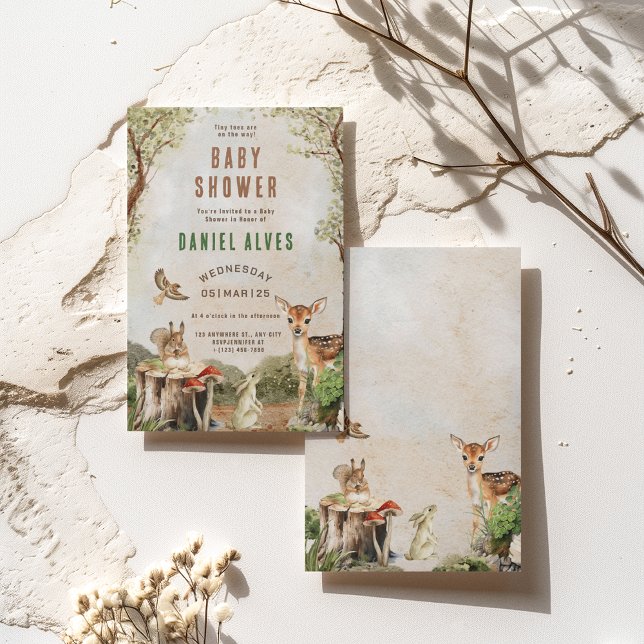 Convites Animais da Floresta Moderna Chá de Bebê Menino (Criador carregado)