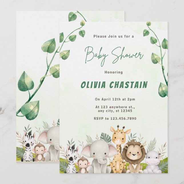 Convites Animais da Floresta Moderna Chuvada de Bebê Menina (Frente/Verso)