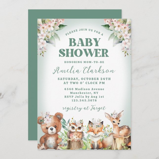 Convites Animais da Floresta Moles, Chá de fraldas Verde e  (Frente/Verso)