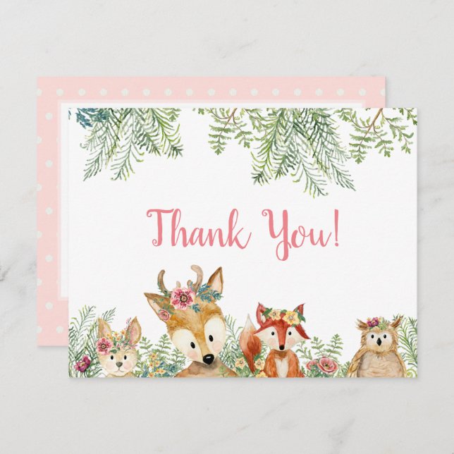 Convites Animais da Floresta Rosa Boho Deer n Fox Obrigado (Frente/Verso)