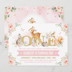 Convites Animais da Floresta Rosa Dourado primeiro aniversa