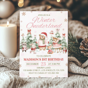 Convites Animais da Floresta Rosa Inverno Onederland Aniver
